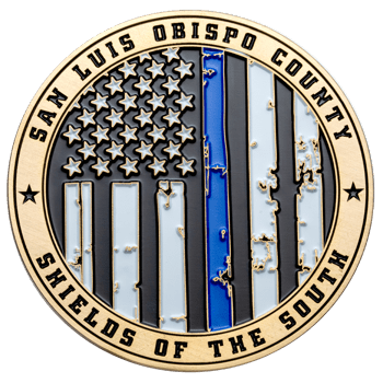 Gold challenge coin featuring a distressed thin blue line American flag design with San Luis Obispo County Shields of the South text.