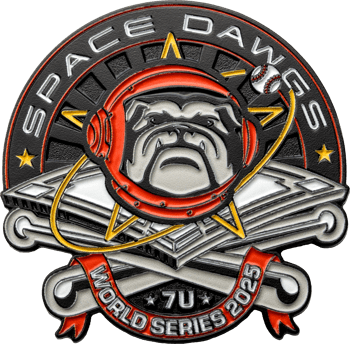 Soft enamel lapel pin featuring a bulldog in an astronaut helmet with baseball bats and 'Space Dawgs World Series 2025' text.