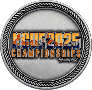 Antiqued silver challenge coin featuring NCUF 2025 Championships text with desert landscape and rope edge border.