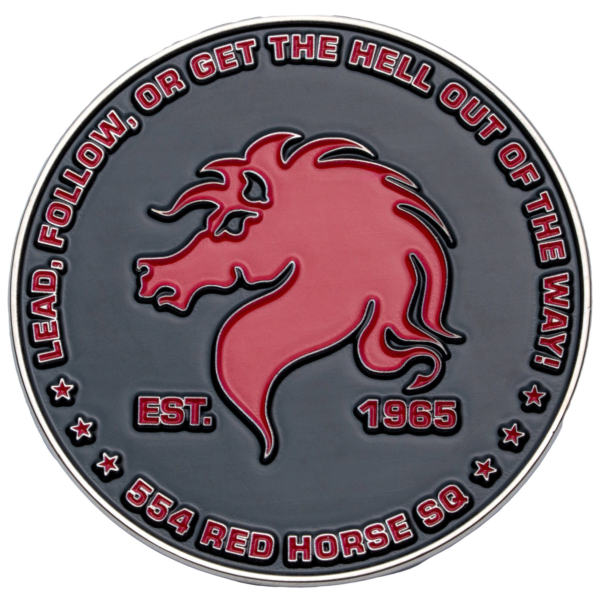 Round challenge coin featuring a red horse profile and '554 RED HORSE SQ' text on a black background.