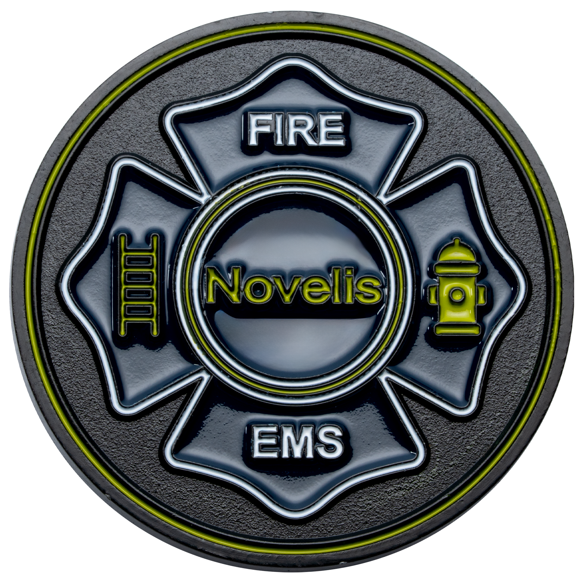Circular challenge coin featuring a black and neon green Maltese cross with the text Novelis Fire EMS, a ladder icon, and a fire hydrant.