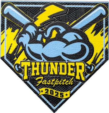 Custom home-plate-shaped trading pin for Thunder Fastpitch 2025, featuring a muscular arm holding a lightning bolt, crossed bats, and yellow accents.