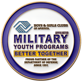 Circular challenge coin featuring the Boys & Girls Clubs of America logo and Military Youth Programs text in purple and gold on a white background.