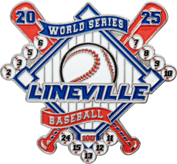 Custom baseball lapel pin featuring crossed bats, a diamond, and numbered baseballs for Lineville World Series 2025.