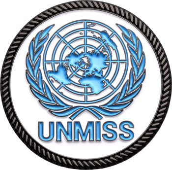 UNMISS challenge coin featuring the United Nations world map emblem and blue text with a rope border.
