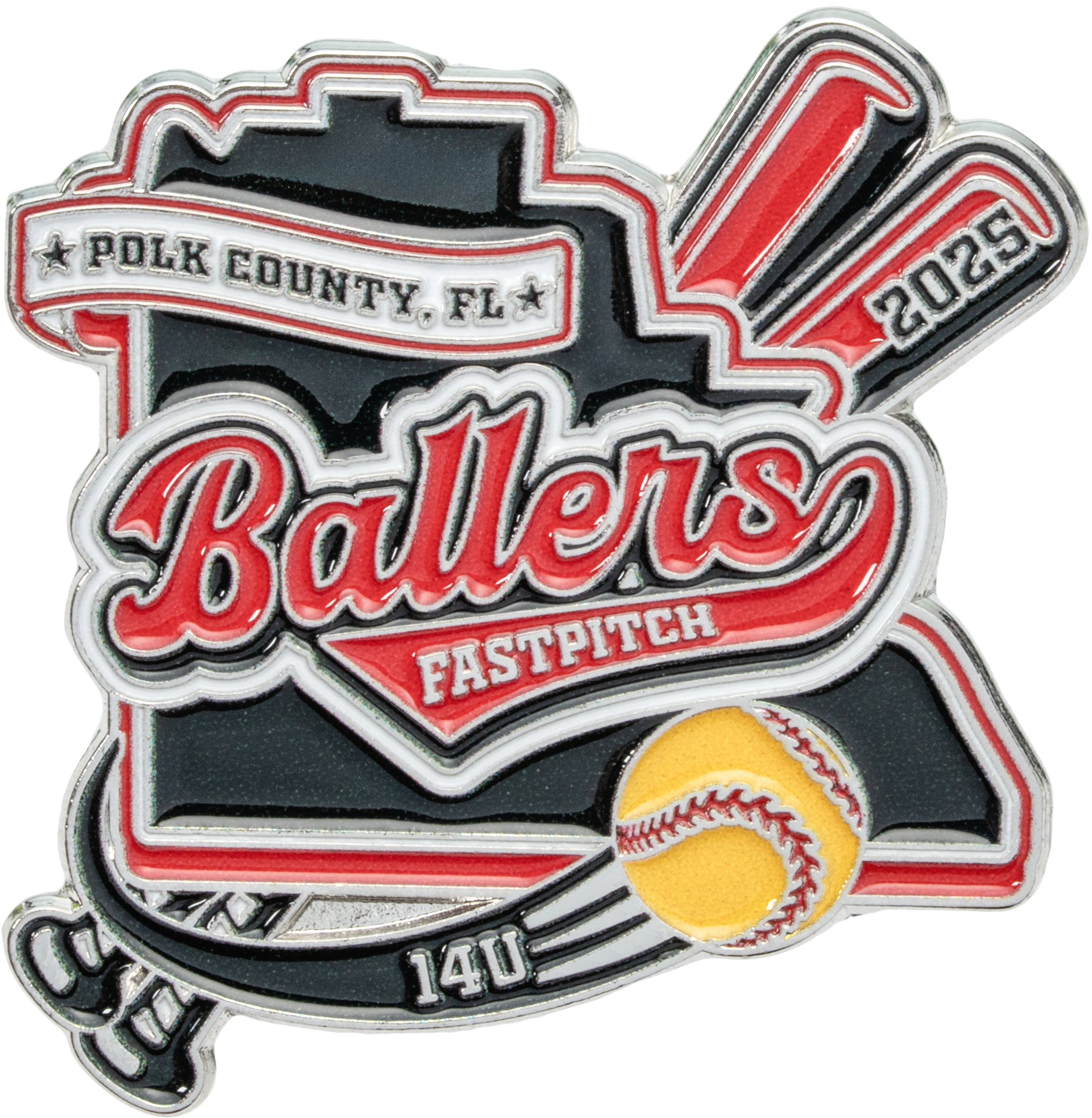 Custom softball lapel pin for Polk County Ballers Fastpitch 2025 featuring a softball, bat, and red and black enamel design.