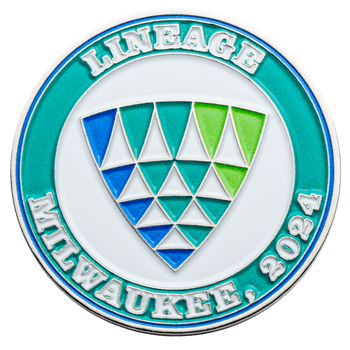 A circular challenge coin for Lineage Milwaukee 2024 featuring a triangular geometric logo in blue and green with a teal outer ring.