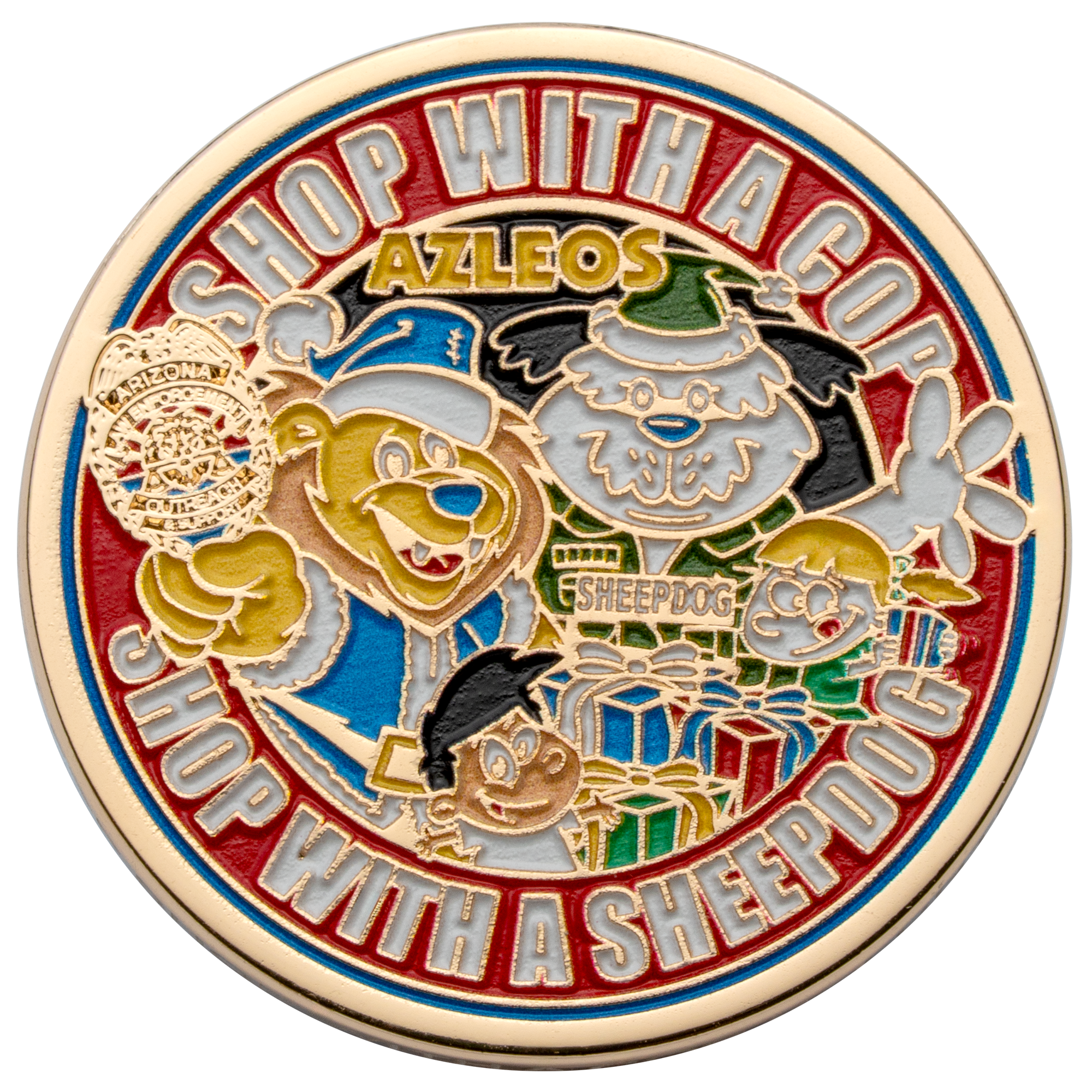 Gold-plated challenge coin featuring cartoon characters, AZLEOS text, and 'Shop With A Cop' and 'Shop With A Sheepdog' lettering in colorful enamel.