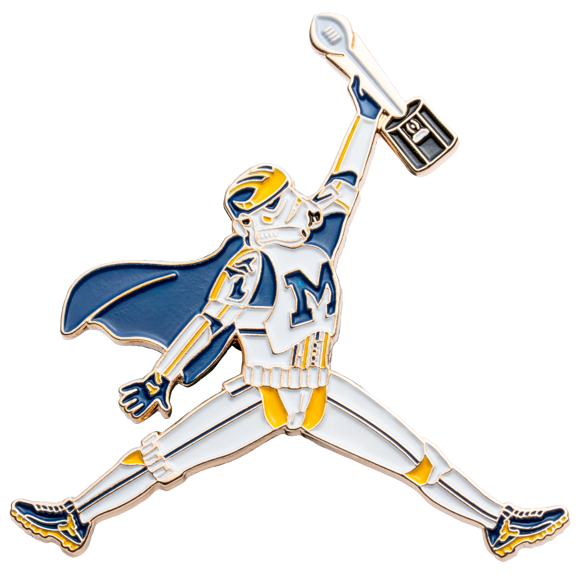 Custom lapel pin featuring a white and blue stormtrooper in a jumping pose holding a trophy, wearing a blue cape.