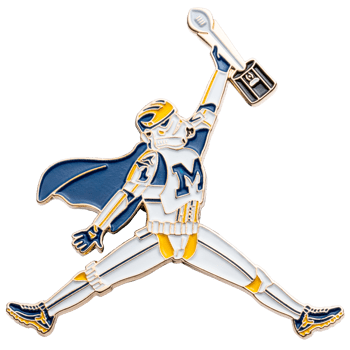 Custom lapel pin featuring a white and blue stormtrooper in a jumping pose holding a trophy, wearing a blue cape.
