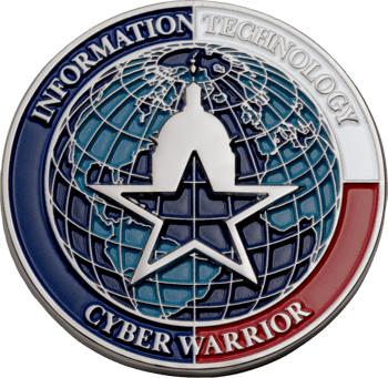 Enamel challenge coin featuring a globe, star, and building silhouette with the text Information Technology Cyber Warrior.