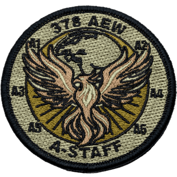 Embroidered 378 AEW A-STAFF patch featuring a phoenix rising from the sun with a globe background in tan and olive drab colors.