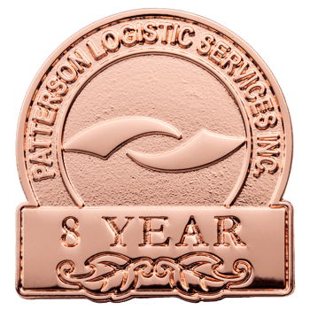 Rose gold Patterson Logistic Services Inc. 8 year lapel pin with wave logo and filigree detail.