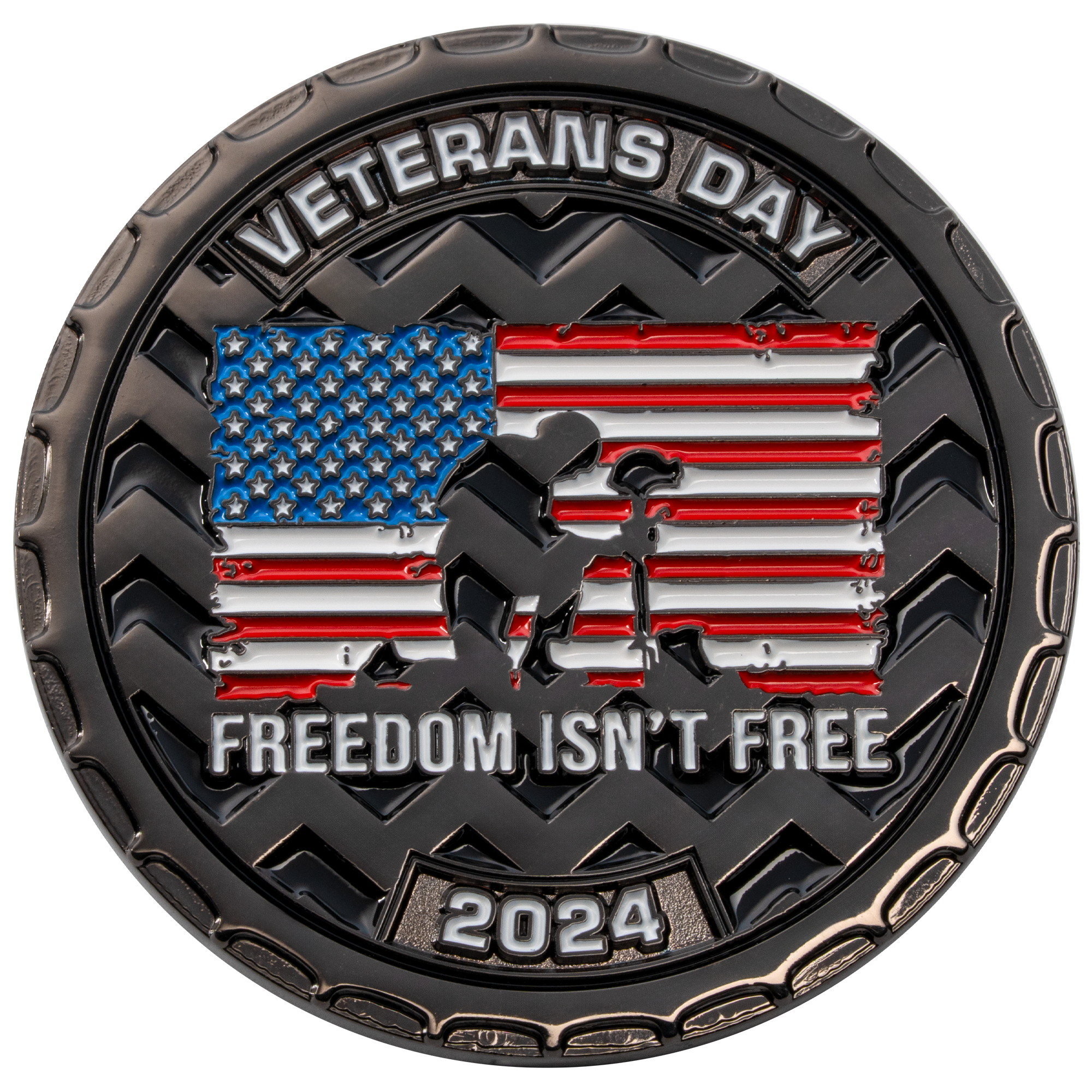 Veterans Day challenge coin featuring an American flag, kneeling soldier silhouette, and the text Freedom Isn't Free 2024.