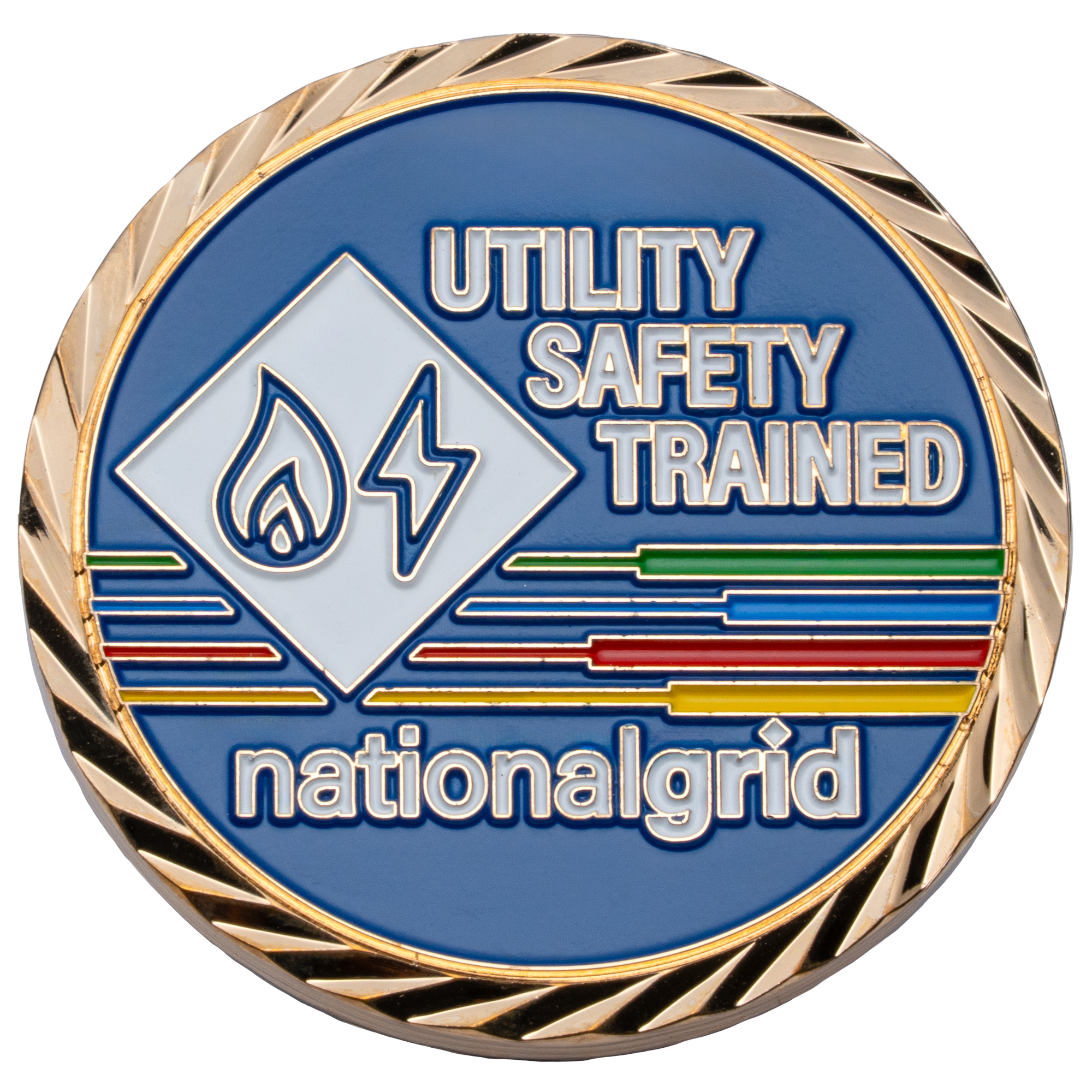National Grid utility safety trained challenge coin featuring a flame and lightning bolt emblem, colorful horizontal lines, and a gold rope border.