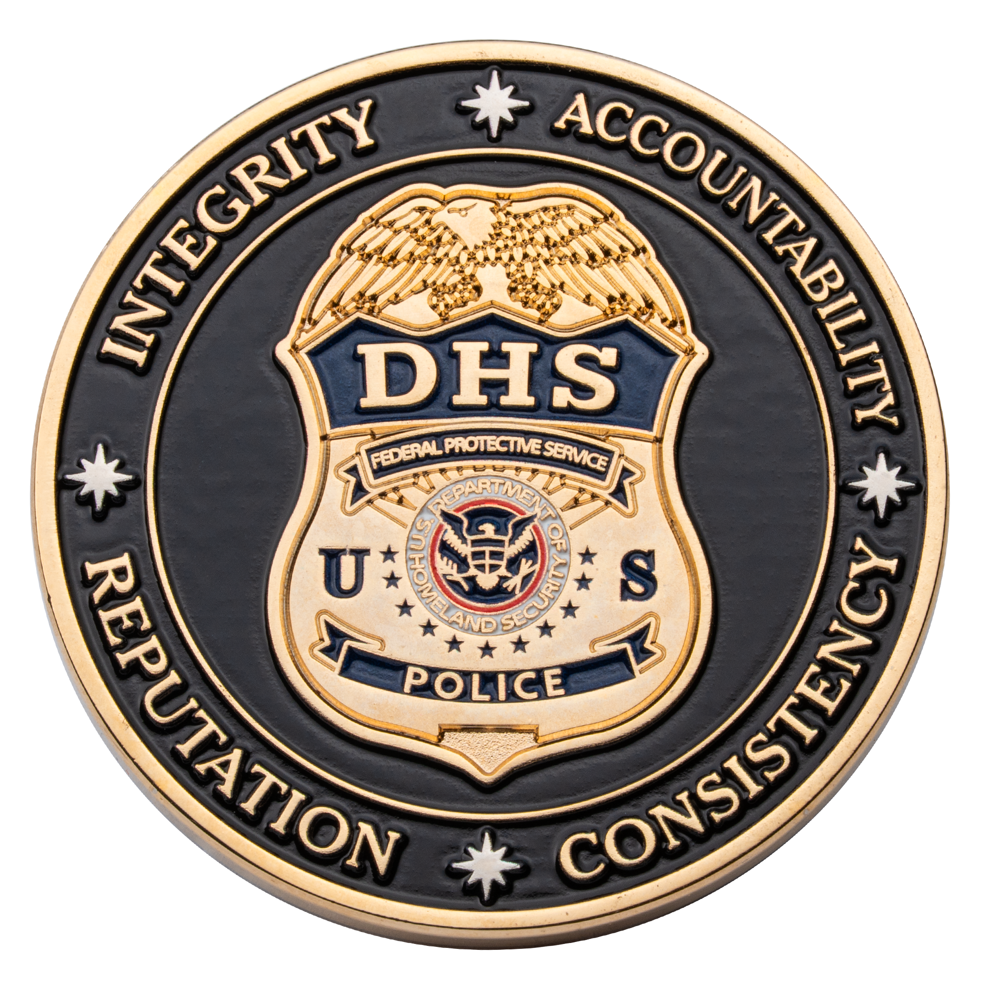 Gold and black challenge coin featuring the DHS Federal Protective Service Police badge with core values integrity, accountability, consistency, and reputation.