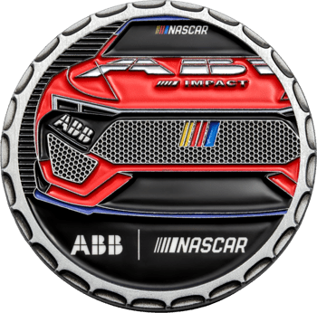 Custom round challenge coin featuring ABB NASCAR race car graphic design with red and black enamel detailing and chain-link border.