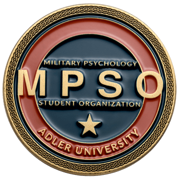 Circular challenge coin for the Military Psychology Student Organization at Adler University with gold lettering, a star emblem, and a chain-link border.