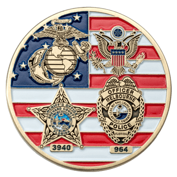 Circular challenge coin featuring an American flag background with USMC Eagle Globe and Anchor, Great Seal of the United States, and Florida law enforcement bad