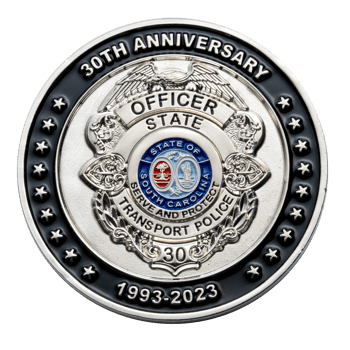 Silver and black challenge coin featuring a 30th Anniversary South Carolina Transport Police officer badge with eagle and state seal.