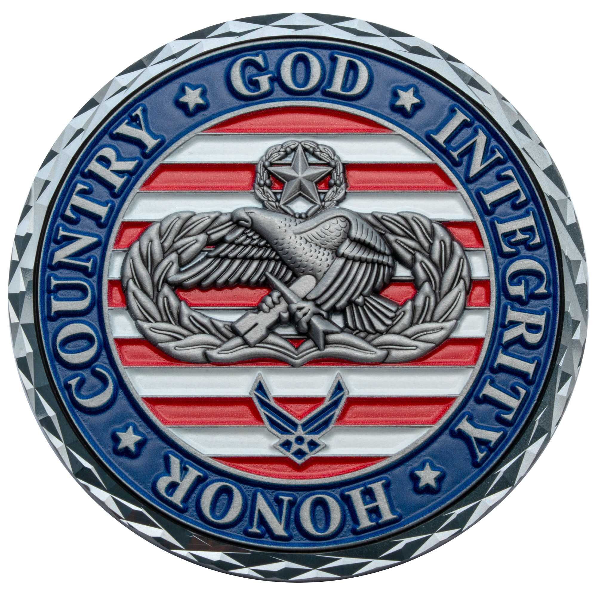 Challenge coin featuring an eagle emblem and Air Force logo over a red and white striped background with a blue border.