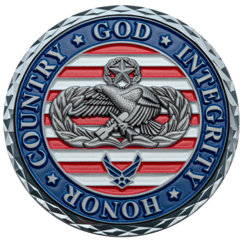 Challenge coin featuring an eagle emblem and Air Force logo over a red and white striped background with a blue border.