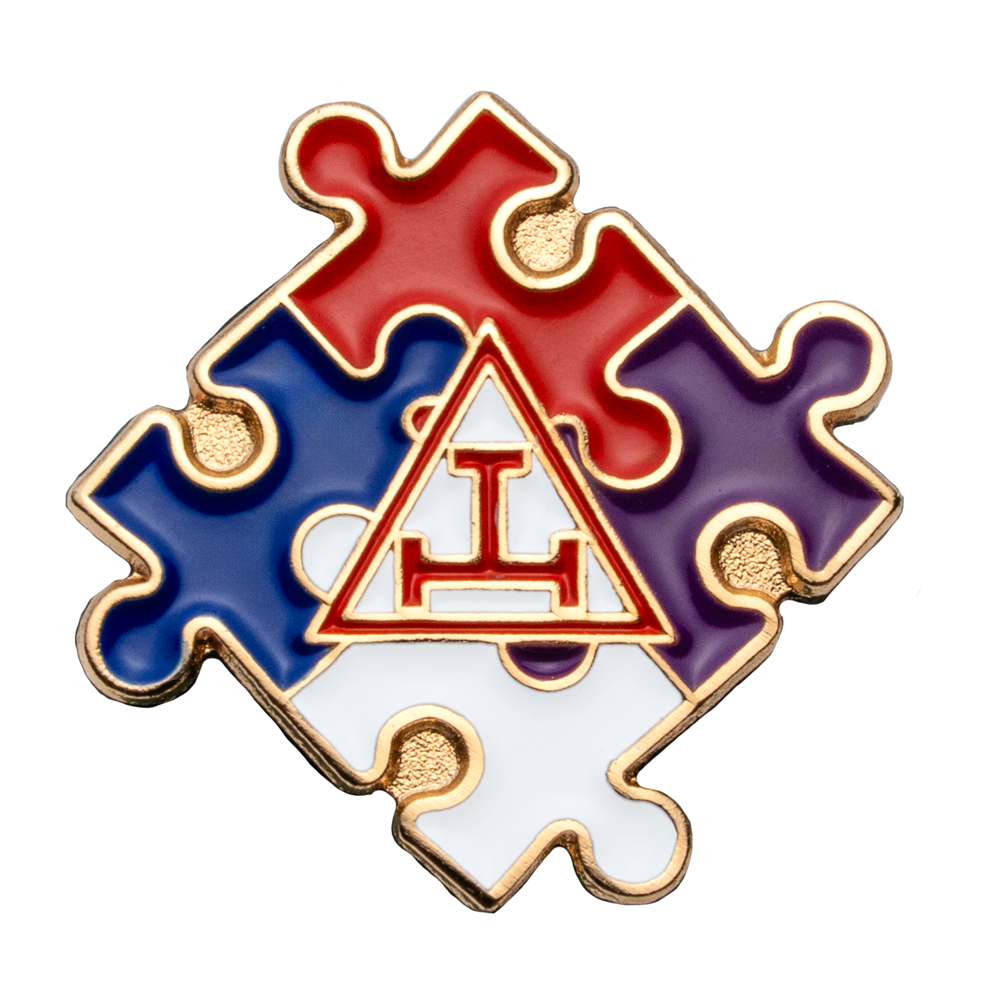 A lapel pin featuring four interlocking red, blue, purple, and white puzzle pieces with a red triangle and Triple Tau emblem in the center.