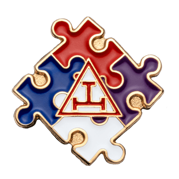 A lapel pin featuring four interlocking red, blue, purple, and white puzzle pieces with a red triangle and Triple Tau emblem in the center.
