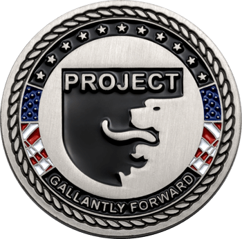Silver challenge coin featuring the Project logo with a lion silhouette, stars, and an American flag border detail.