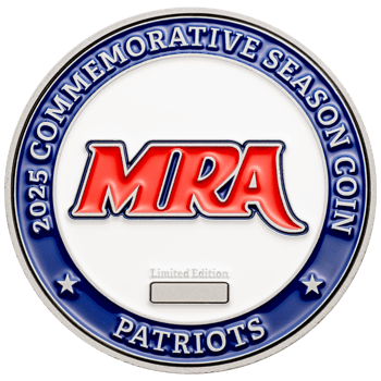 Circular challenge coin with red MRA logo, blue outer ring reading 2025 Commemorative Season Coin Patriots, and two stars.