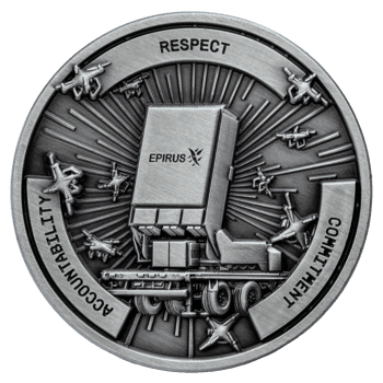 Antiqued silver challenge coin featuring the Epirus logo, a mobile radar unit, drones, and the words Respect, Accountability, and Commitment.