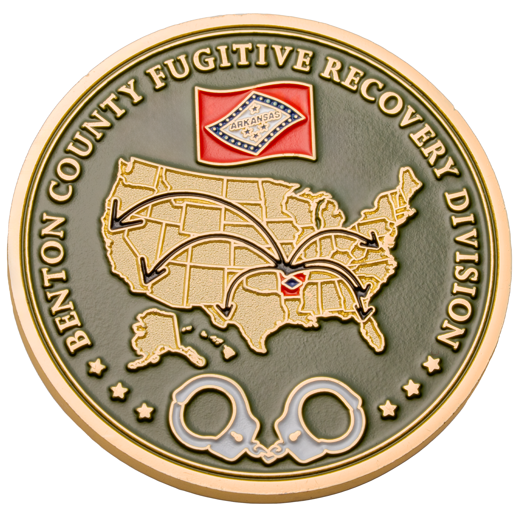 Gold challenge coin featuring the United States map, Arkansas state flag, and handcuffs on a green background.