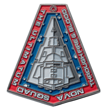 Trapezoidal coin featuring a stylized spaceship, 'Nova Squad' and 'The Ultimatum' text, red and blue enamel, and a small logo at the top.
