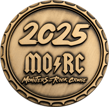 Antique brass challenge coin featuring 2025 MORC and Monsters of Rock Cruise text with a gear-like border pattern.