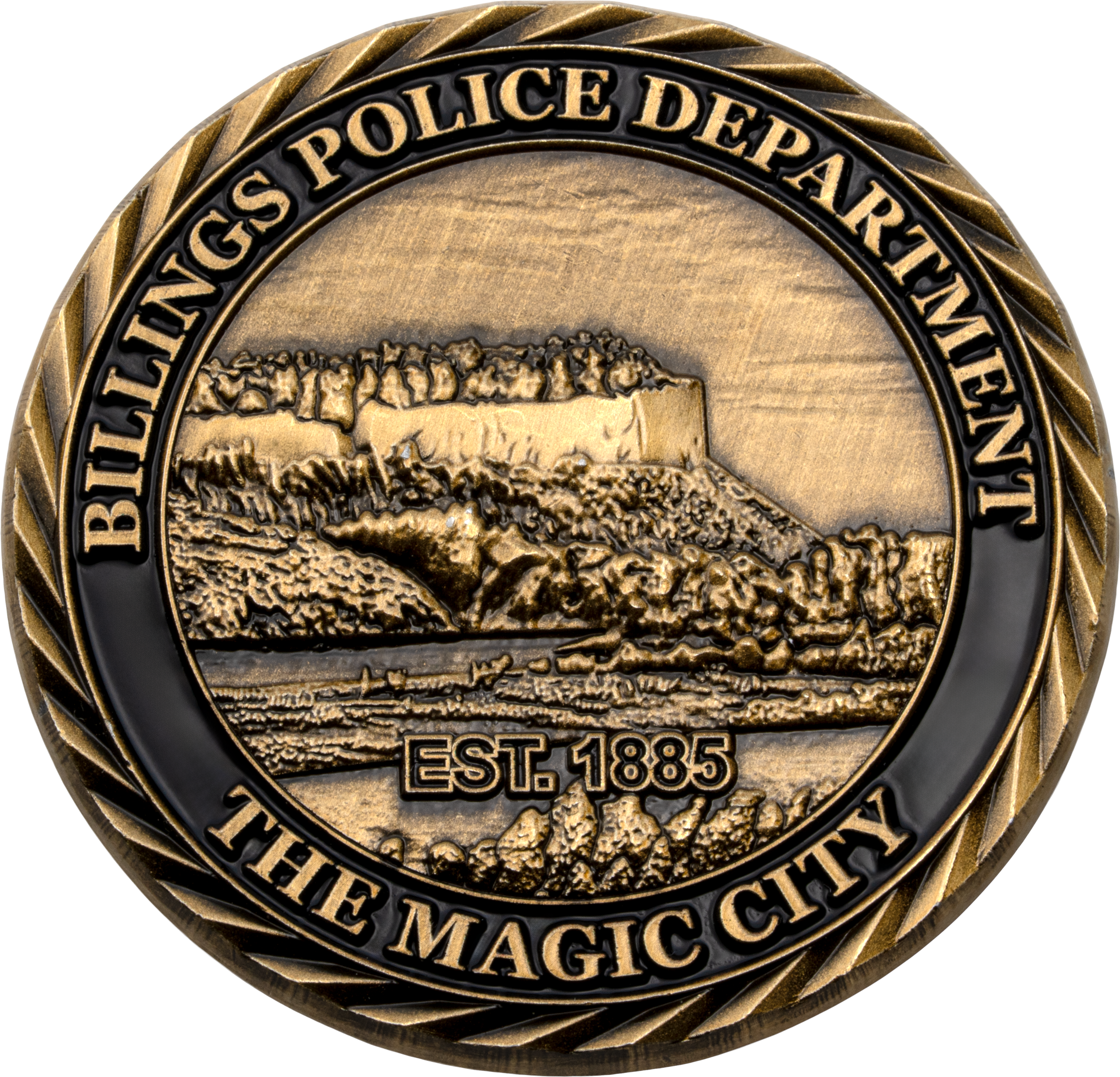 Antique brass challenge coin for Billings Police Department featuring a landscape of the Rimrocks and the text The Magic City.