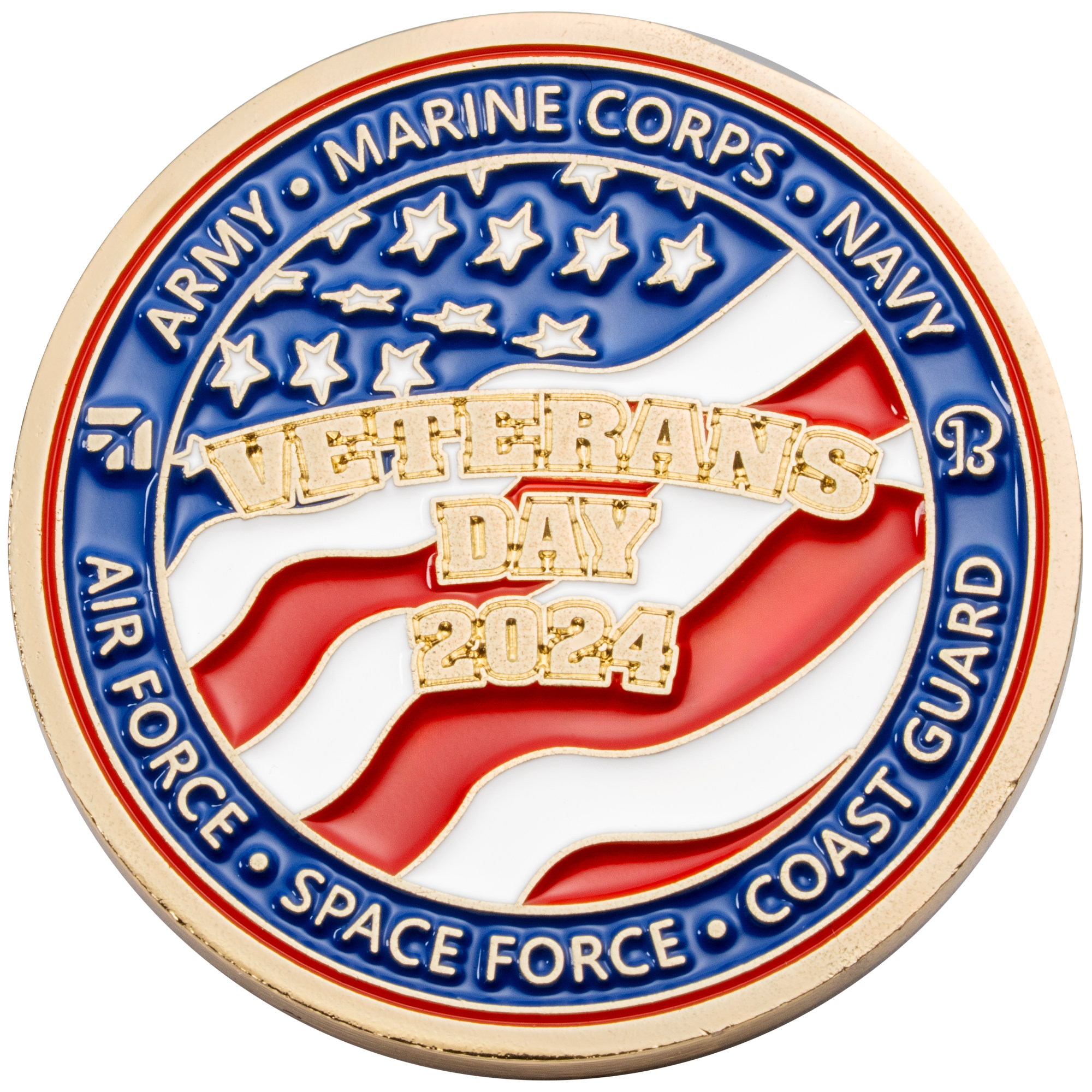 Veterans Day 2024 challenge coin featuring a red, white, and blue American flag design with the six military branch names around the border.