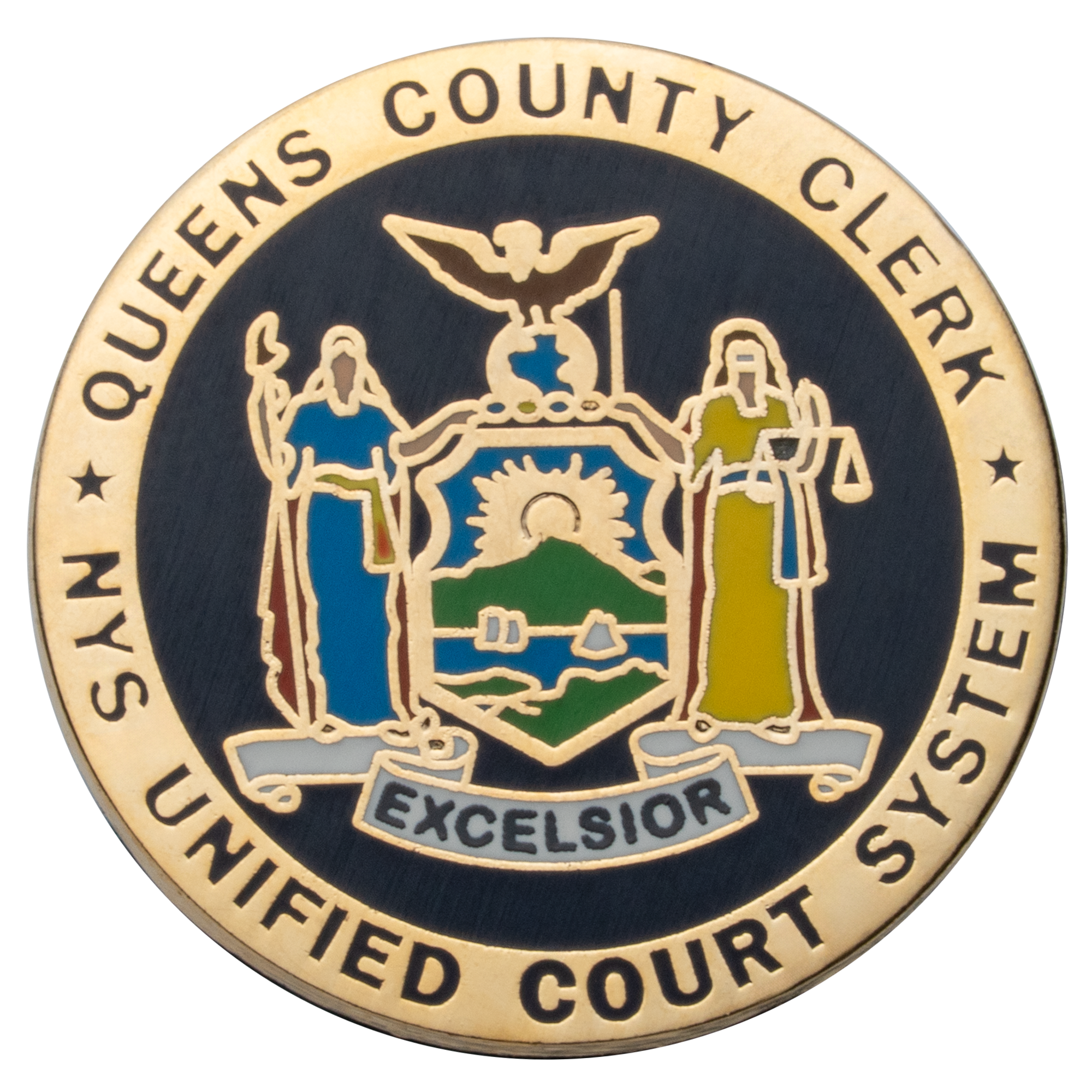 Enamel lapel pin featuring the Queens County Clerk and NYS Unified Court System seal with the Excelsior banner.