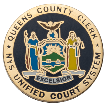 Enamel lapel pin featuring the Queens County Clerk and NYS Unified Court System seal with the Excelsior banner.