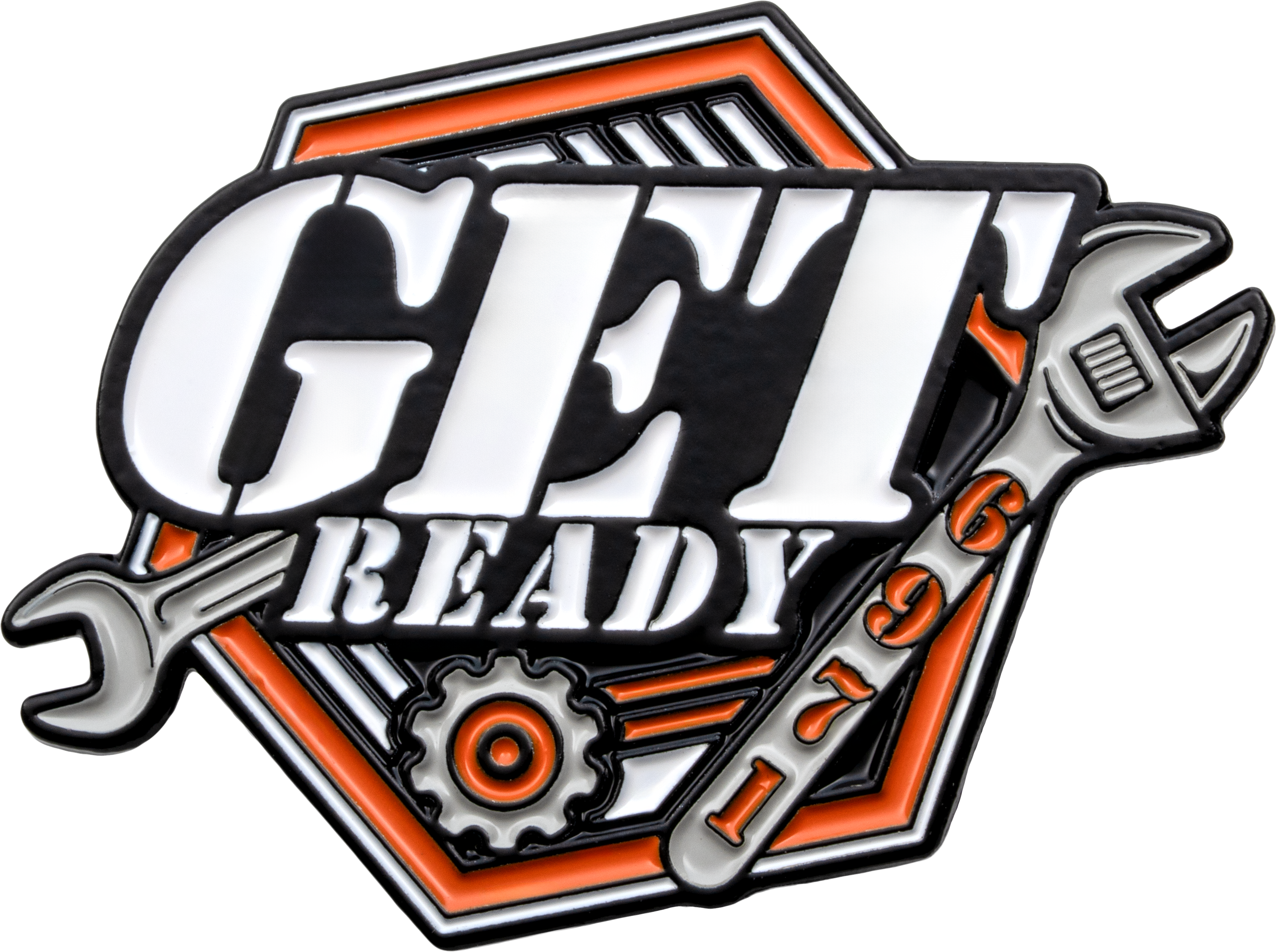 Get Ready lapel pin featuring white and black lettering, orange accents, a gear, and wrenches within a hexagonal border.