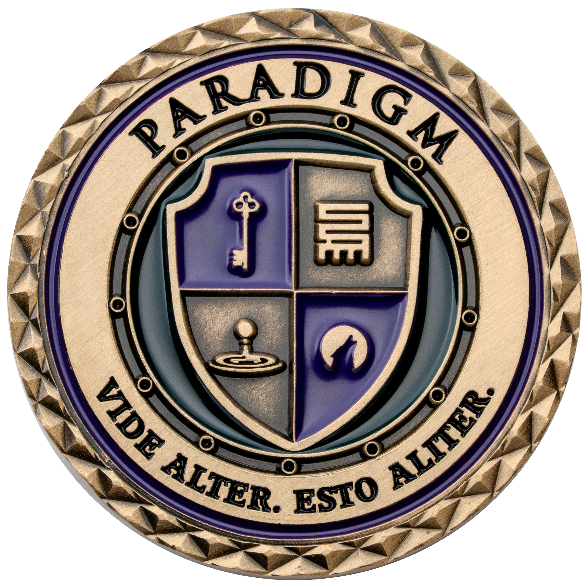 Antique brass challenge coin featuring a purple and black shield with a key, chess piece, and wolf icons, inscribed with Paradigm and Latin text.