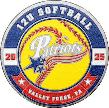 Circular 12U Softball Patriots Valley Forge PA challenge coin featuring yellow softball design, red stitches, blue stars, and 2025 date.