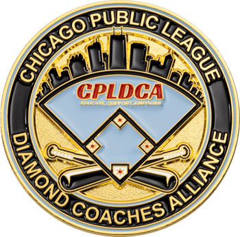 Chicago Public League Diamond Coaches Alliance challenge coin featuring a baseball diamond, bats, and Chicago skyline design.