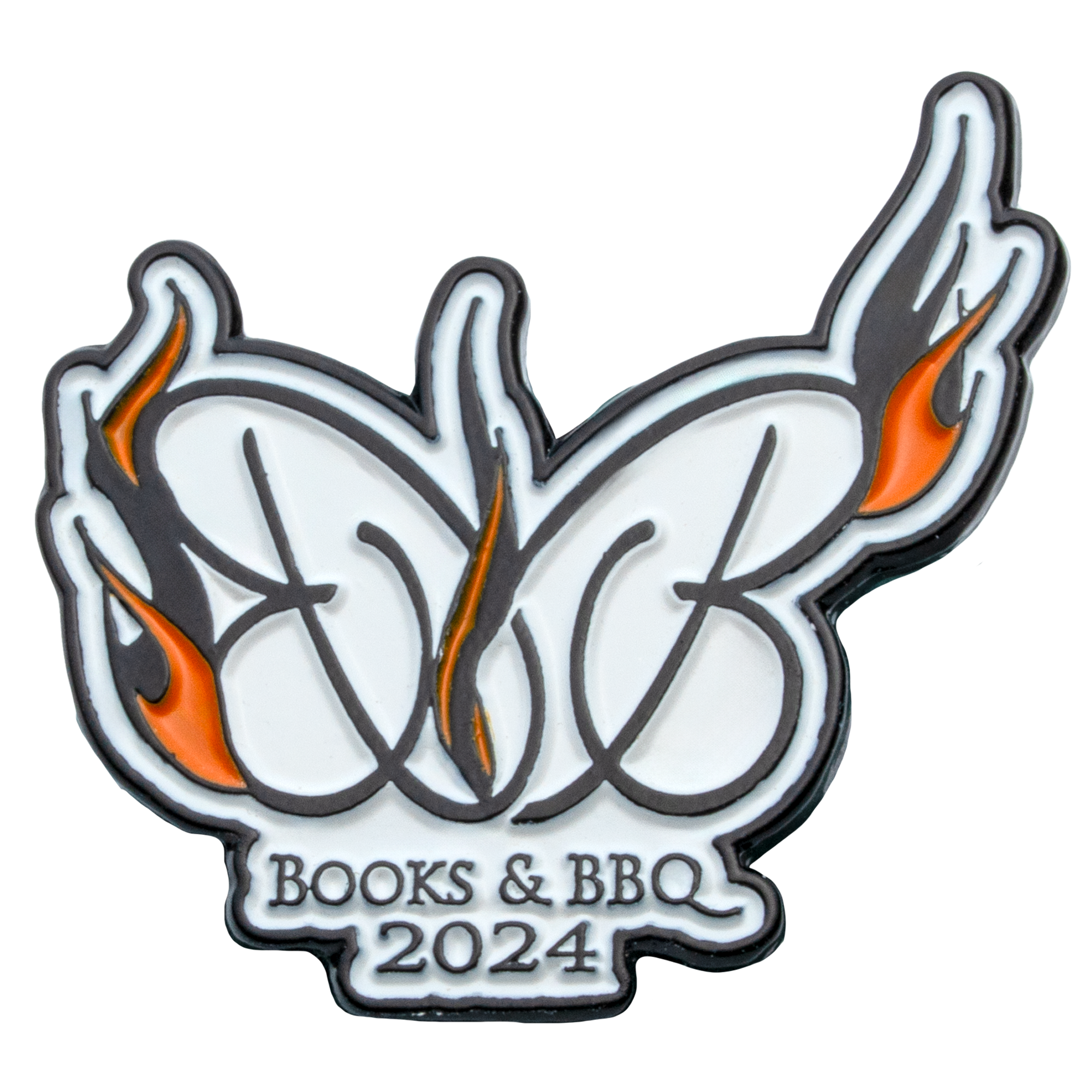 Enamel lapel pin for Books & BBQ 2024 featuring white cursive letters and orange flame accents.