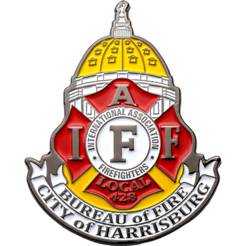 IAFF Local 428 City of Harrisburg Bureau of Fire lapel pin featuring the Pennsylvania State Capitol dome and a red Maltese cross.