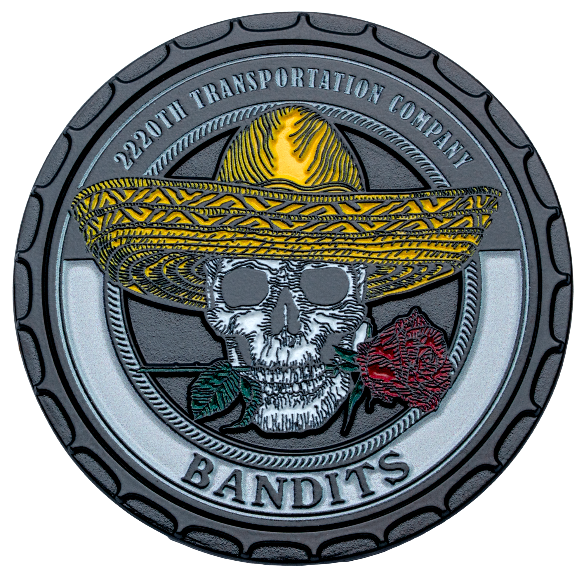 Circular challenge coin featuring a skull wearing a yellow sombrero with a red rose in its teeth, labeled 2220th Transportation Company Bandits.