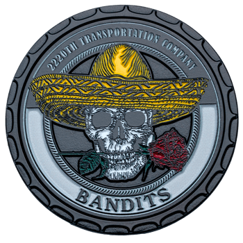 Circular challenge coin featuring a skull wearing a yellow sombrero with a red rose in its teeth, labeled 2220th Transportation Company Bandits.
