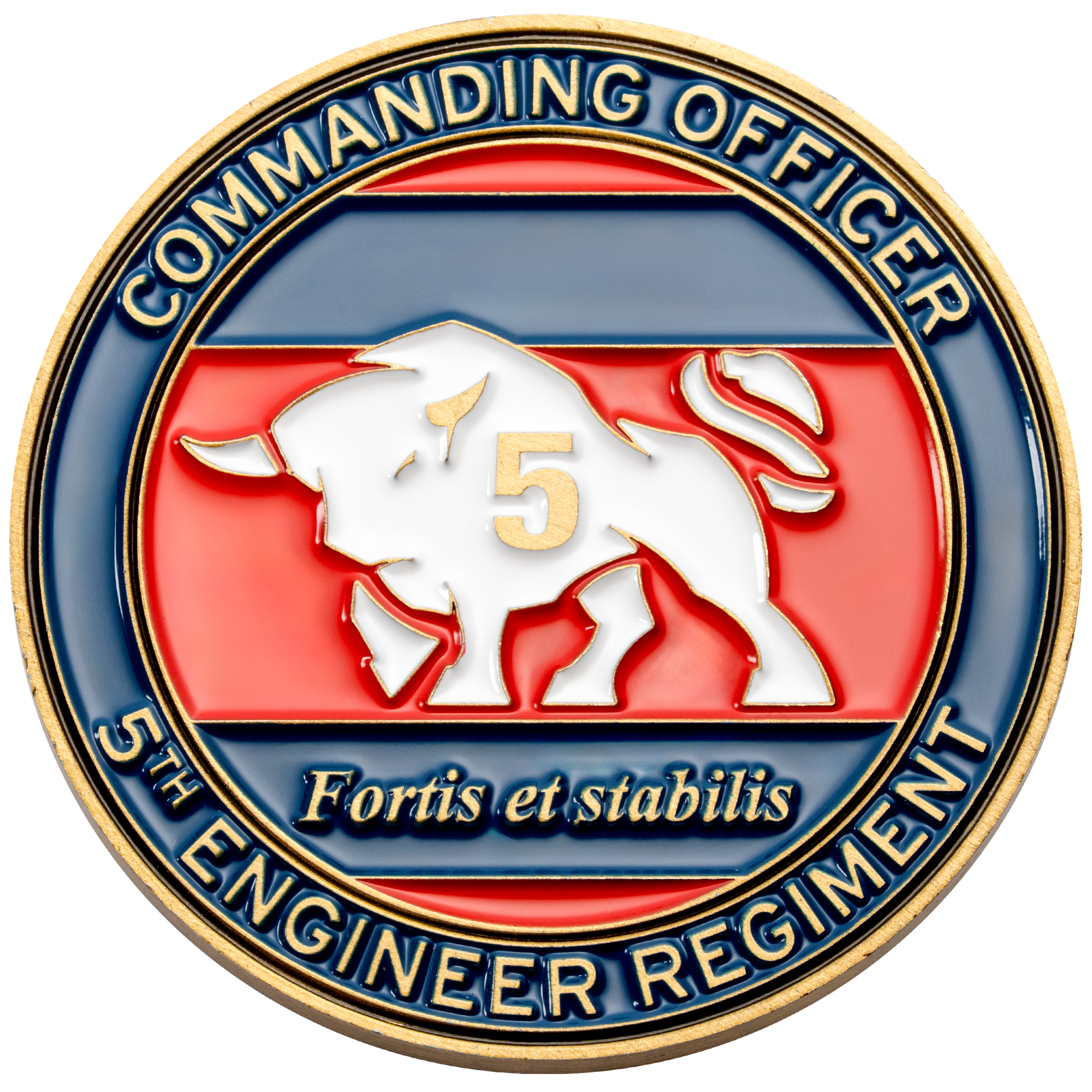 Circular challenge coin featuring a white bull with a gold number 5 on a red and blue background for the 5th Engineer Regiment Commanding Officer.