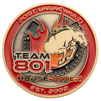 Circular brass challenge coin featuring a leaping horse, flames, and a gear with text Team 801 Horsepower and Post Unum Multi.