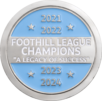 Silver challenge coin with light blue enamel featuring Foothill League Champions text and years 2021 through 2024.