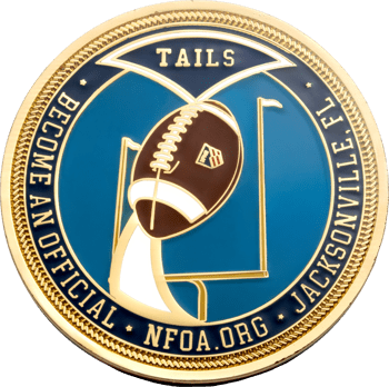 Round gold custom challenge coin featuring a football going through goalposts with TAILS, Jacksonville, FL, and NFOA.ORG text